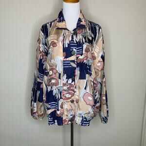 Vintage 100% Silk Floral Jacket Sz Large Blue Pink Peach Tan